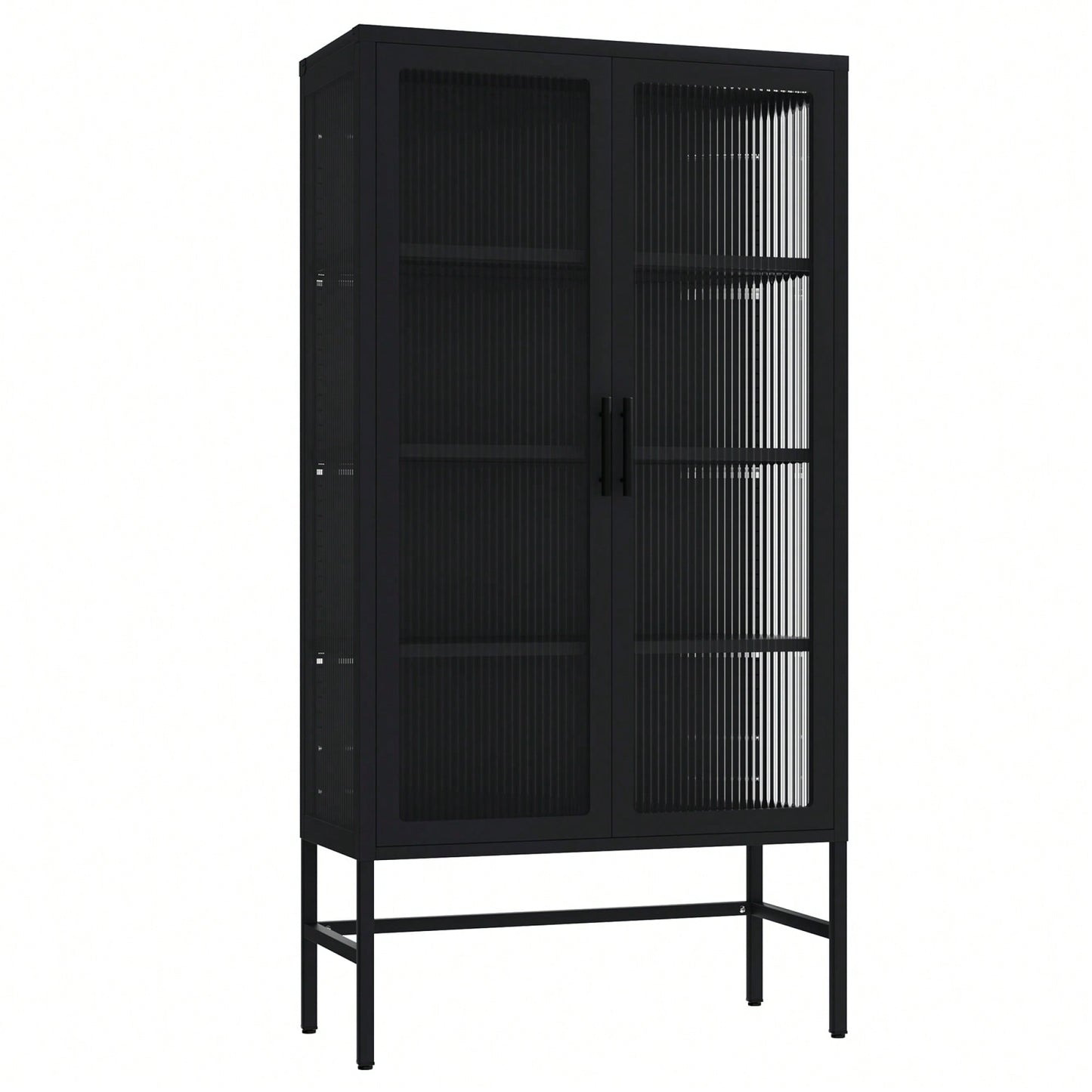 Double Glass Door Storage Cabinet With Adjustable Shelves Cold-Rolled Steel Sideboard For Living Room And Kitchen Black Finish