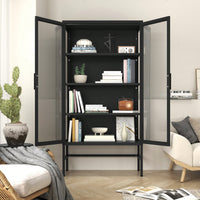 Double Glass Door Storage Cabinet With Adjustable Shelves Cold-Rolled Steel Sideboard For Living Room And Kitchen Black Finish