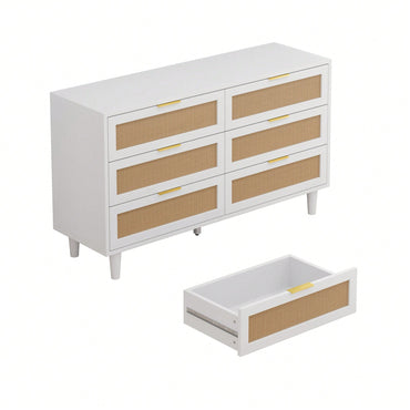 6-Drawer Rattan Storage Cabinet For Bedroom And Living Room In White