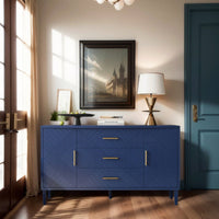 2-Door 3-Drawer Storage Cabinet With Carved Design For Bedroom Living Room Office Easy Assembly Navy Blue