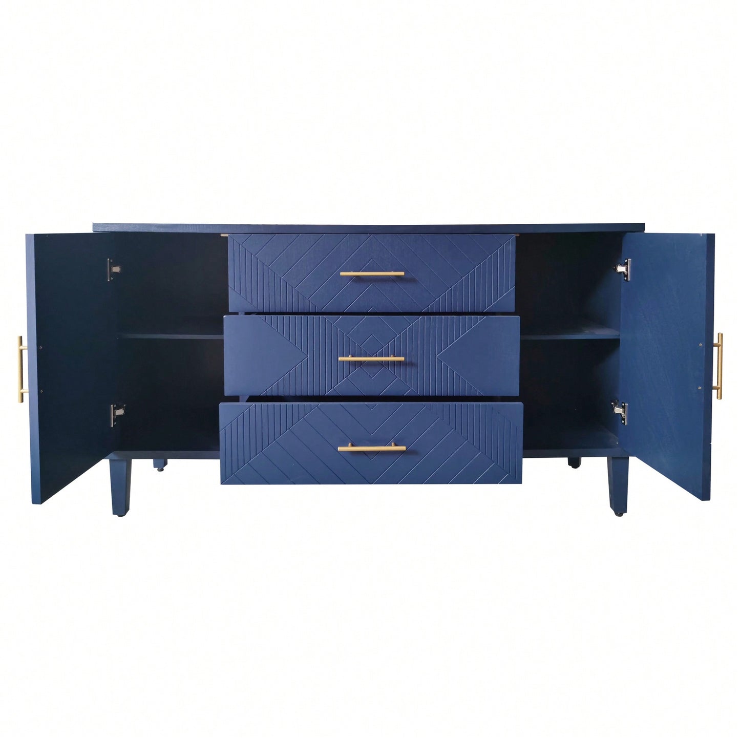 2-Door 3-Drawer Storage Cabinet With Carved Design For Bedroom Living Room Office Easy Assembly Navy Blue