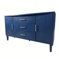 2-Door 3-Drawer Storage Cabinet With Carved Design For Bedroom Living Room Office Easy Assembly Navy Blue