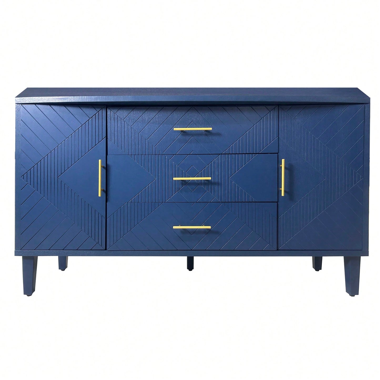 2-Door 3-Drawer Storage Cabinet With Carved Design For Bedroom Living Room Office Easy Assembly Navy Blue