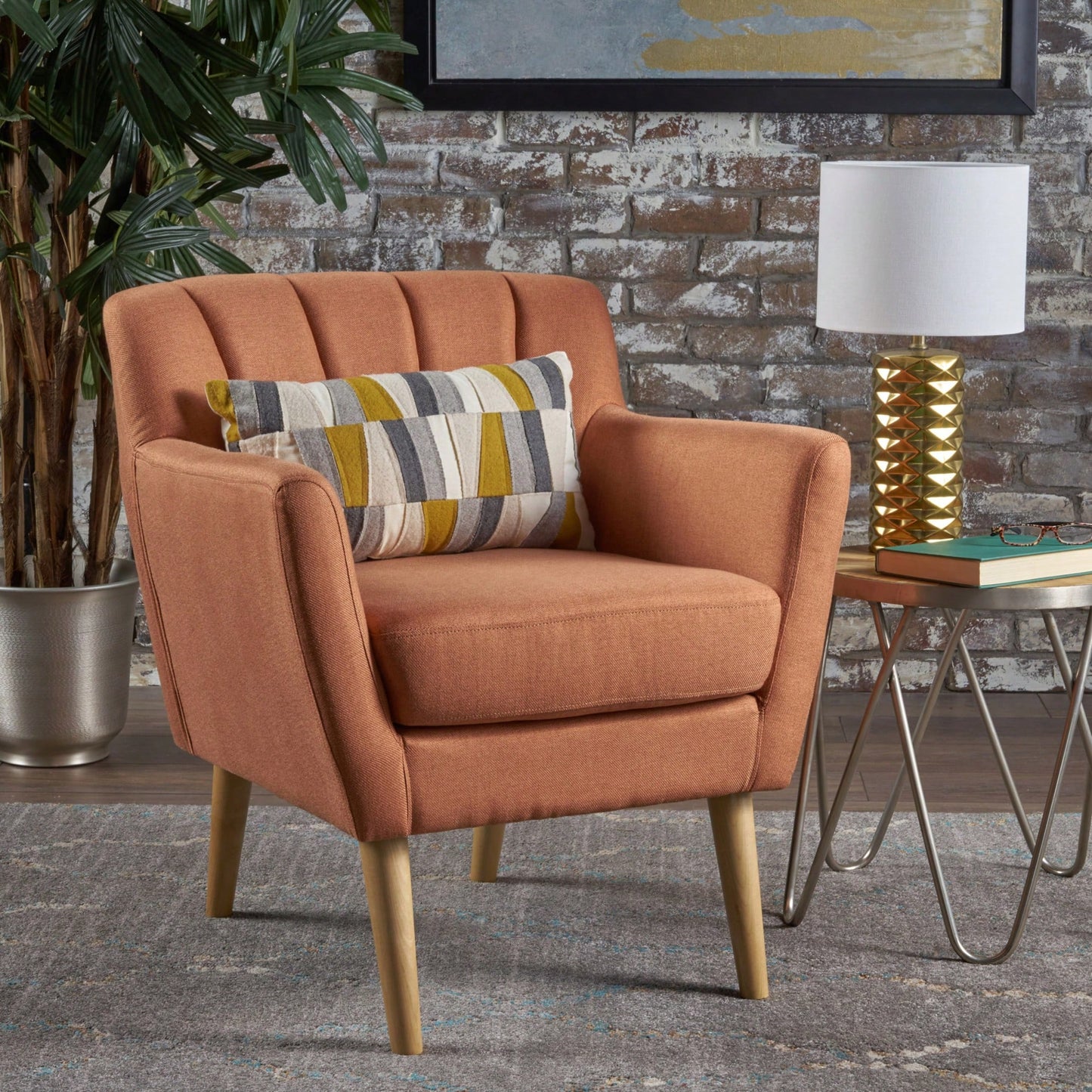 Stylish Orange And Natural Mid-Century Modern Fabric Club Chair For Living Room 27.6D X 28.3W X 31.5H