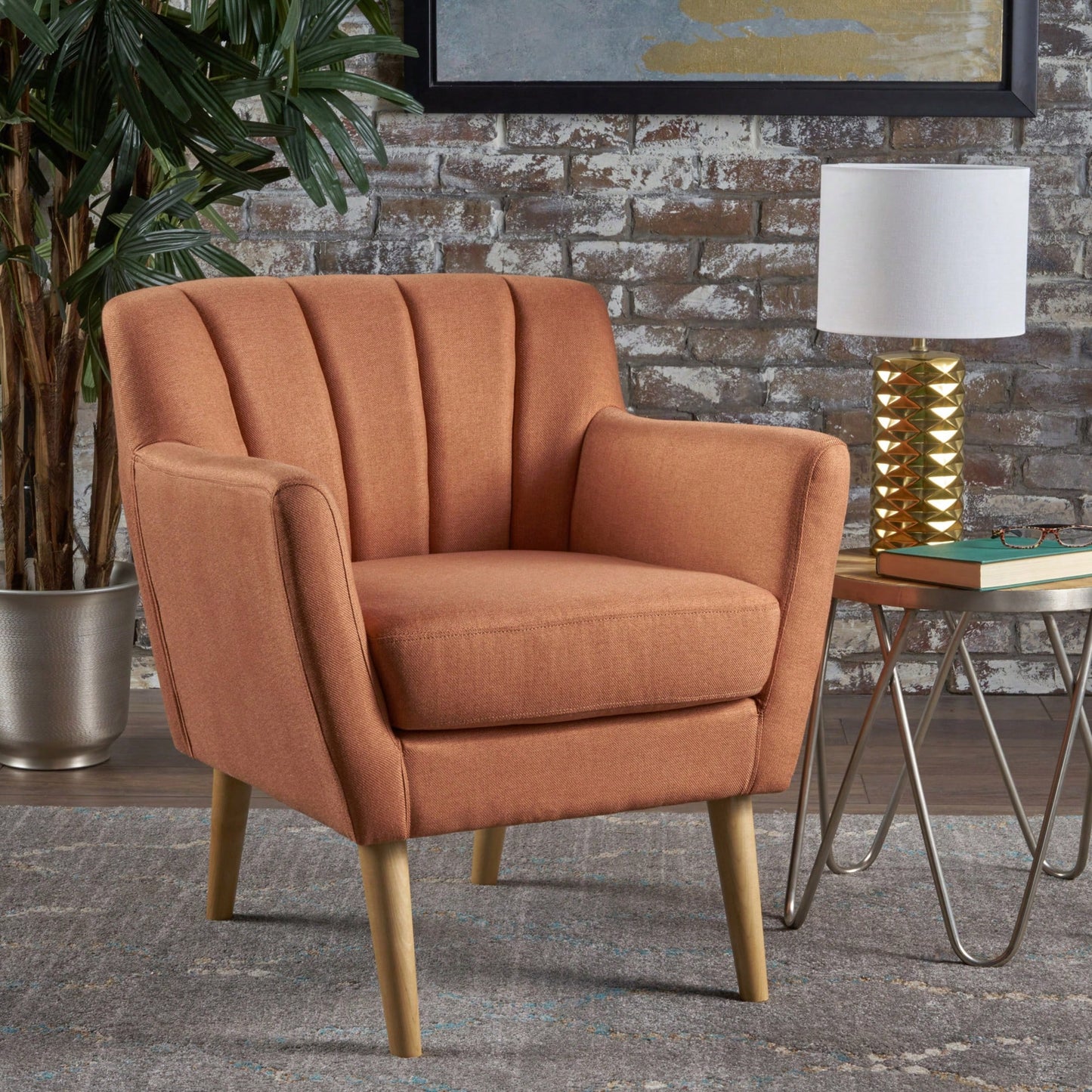 Stylish Orange And Natural Mid-Century Modern Fabric Club Chair For Living Room 27.6D X 28.3W X 31.5H