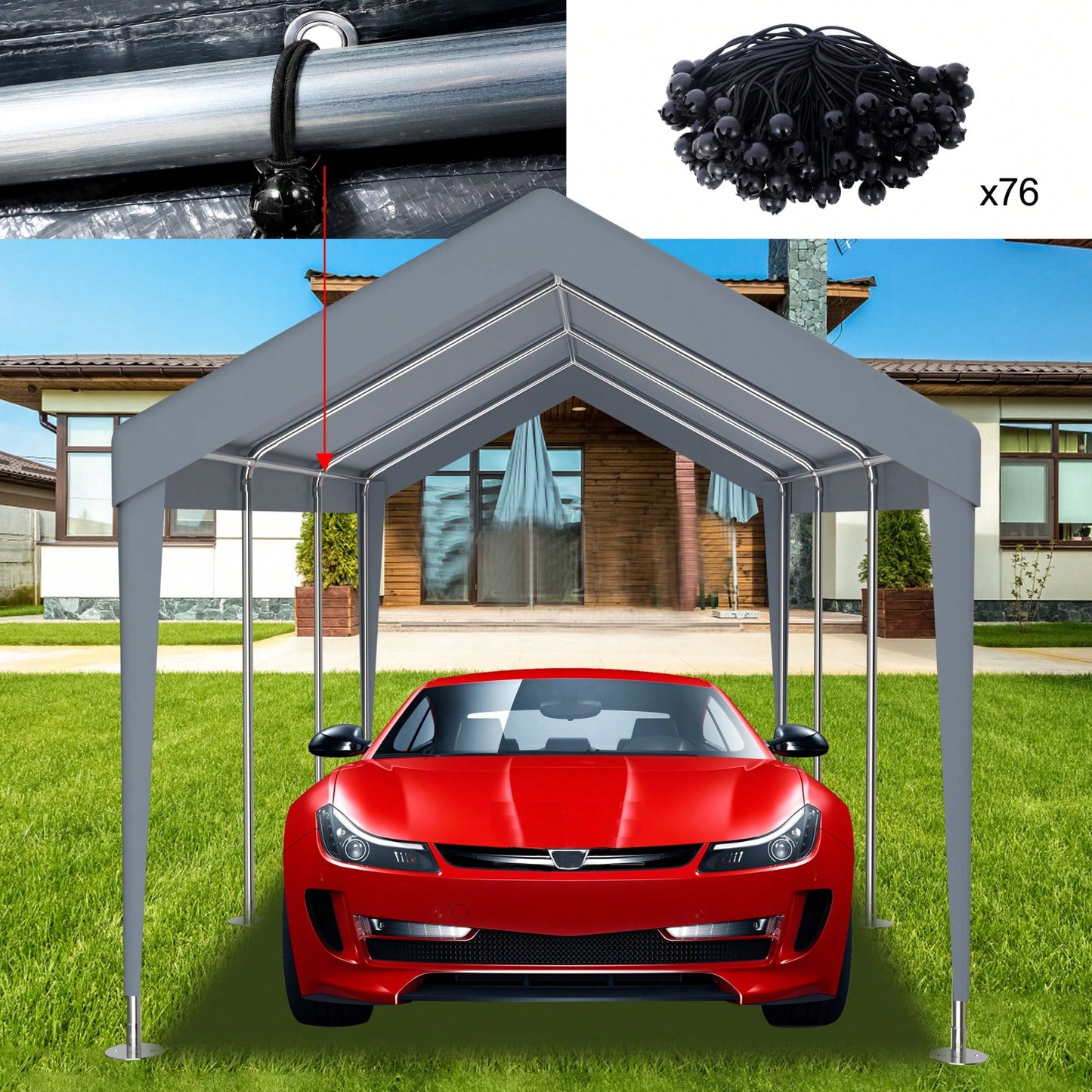 Durable Waterproof UV Protected Canopy Cover For 12x20ft Carport With 76 Elastic Buckles - Frame Not Included - Grey