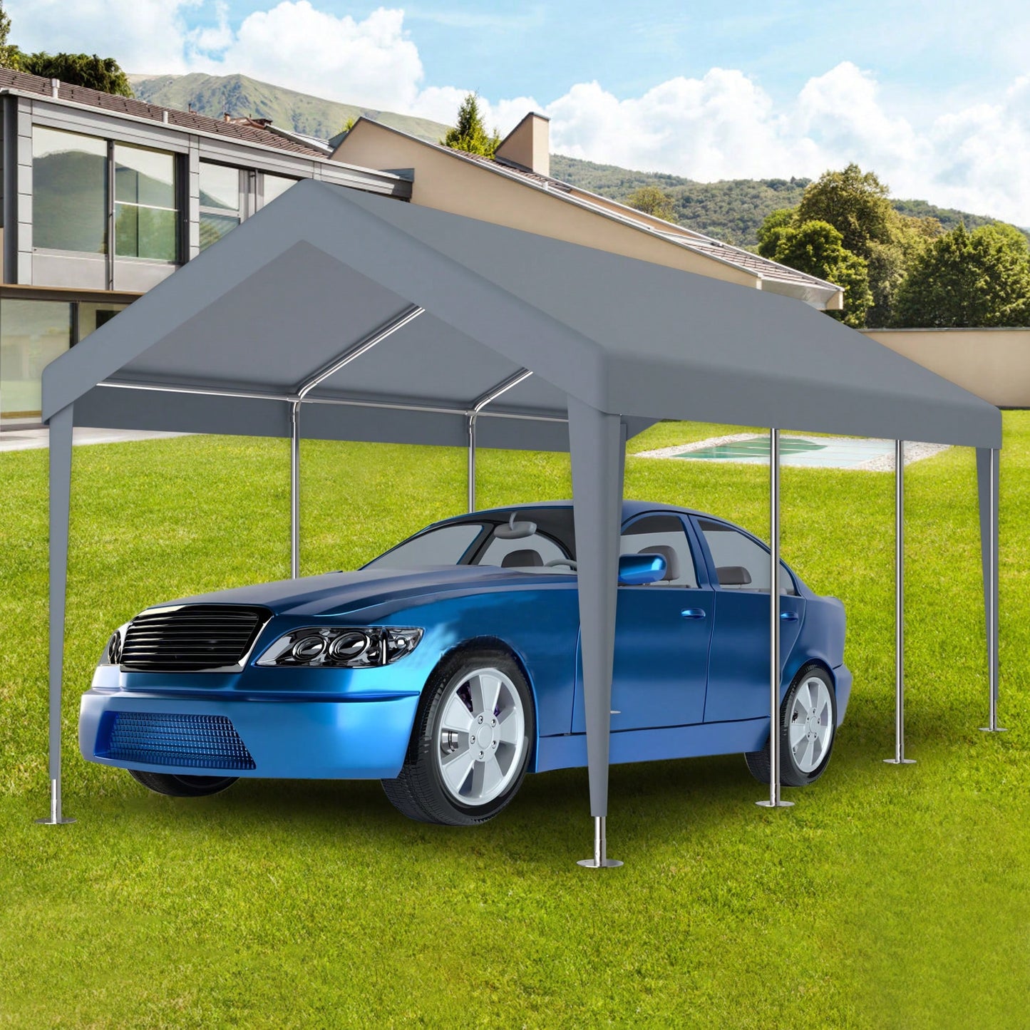 Waterproof UV Protected Replacement Canopy Cover For 10x20ft Carport Garage Shelter With 72 Elastic Buckles Grey