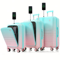 3-Piece Airline Approved Luggage Set with USB Port, Front Opening, Cup Holder, Durable ABS+PC Hard Shell, Spinner Wheels, Starry Sky White