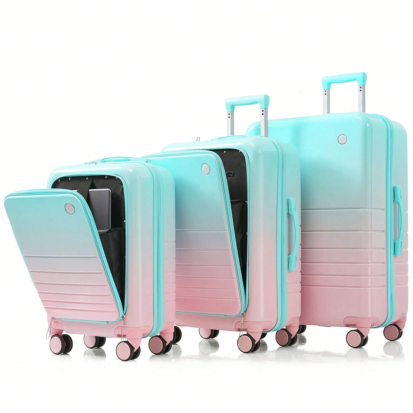 3-Piece Airline Approved Luggage Set with USB Port, Front Opening, Cup Holder, Durable ABS+PC Hard Shell, Spinner Wheels, Starry Sky White