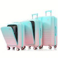 3-Piece Airline Approved Luggage Set with USB Port, Front Opening, Cup Holder, Durable ABS+PC Hard Shell, Spinner Wheels, Starry Sky White