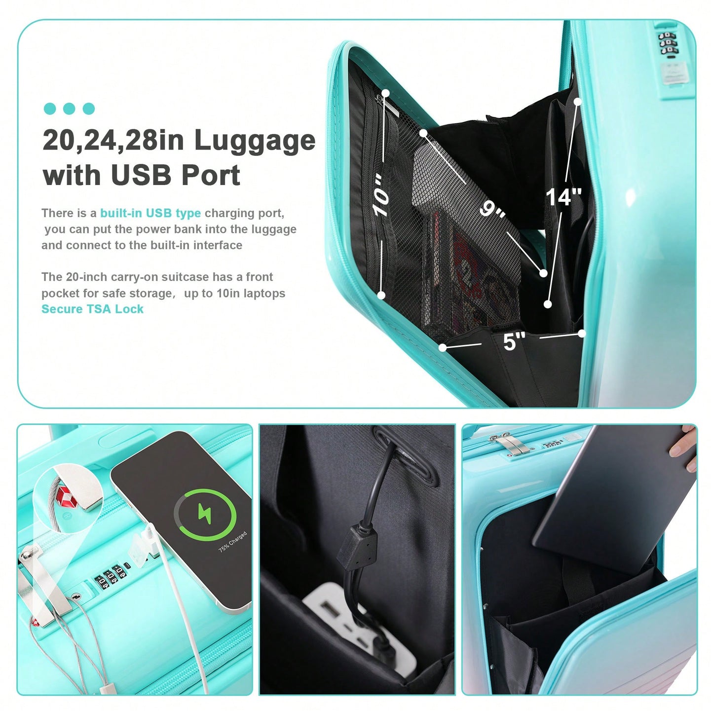 3-Piece Airline Approved Luggage Set with USB Port, Front Opening, Cup Holder, Durable ABS+PC Hard Shell, Spinner Wheels, Starry Sky White