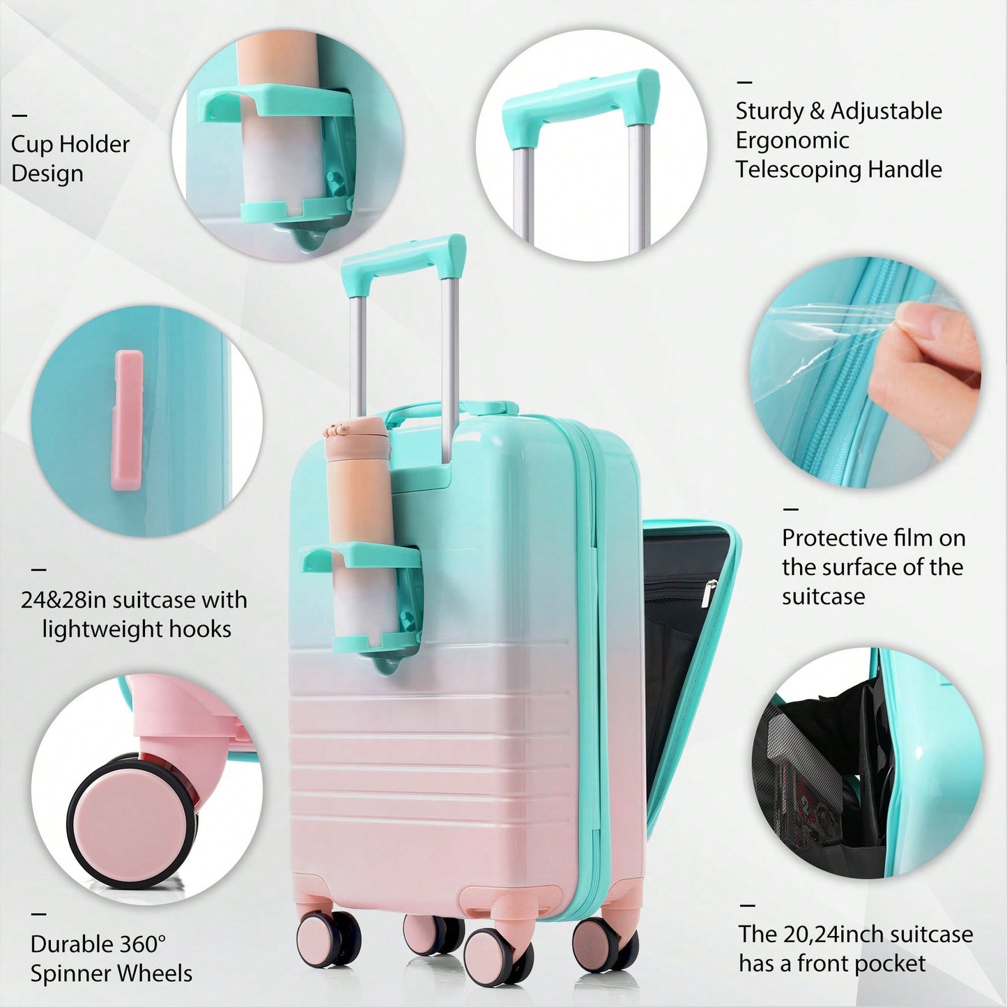 3-Piece Airline Approved Luggage Set with USB Port, Front Opening, Cup Holder, Durable ABS+PC Hard Shell, Spinner Wheels, Starry Sky White