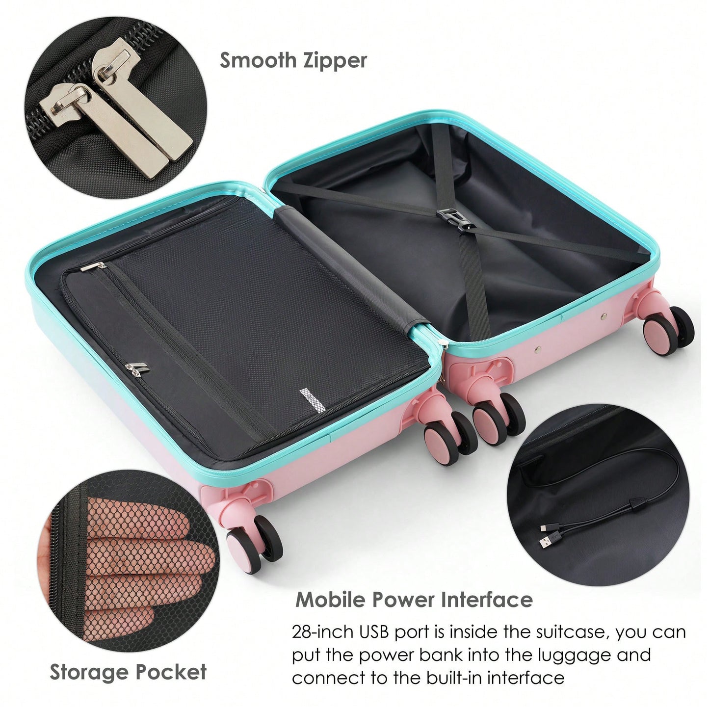 3-Piece Airline Approved Luggage Set with USB Port, Front Opening, Cup Holder, Durable ABS+PC Hard Shell, Spinner Wheels, Starry Sky White