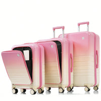 3-Piece Airline Approved Luggage Set with USB Port, Front Opening, Cup Holder, Durable ABS+PC Hard Shell, Spinner Wheels, Starry Sky White