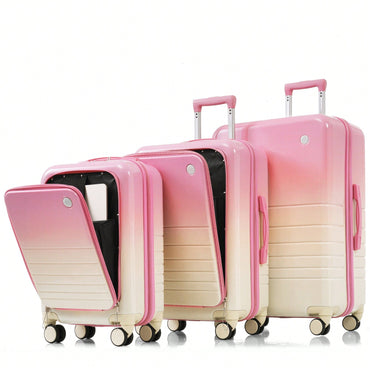 3-Piece Airline Approved Luggage Set with USB Port, Front Opening, Cup Holder, Durable ABS+PC Hard Shell, Spinner Wheels, Starry Sky White