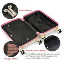 3-Piece Airline Approved Luggage Set with USB Port, Front Opening, Cup Holder, Durable ABS+PC Hard Shell, Spinner Wheels, Starry Sky White
