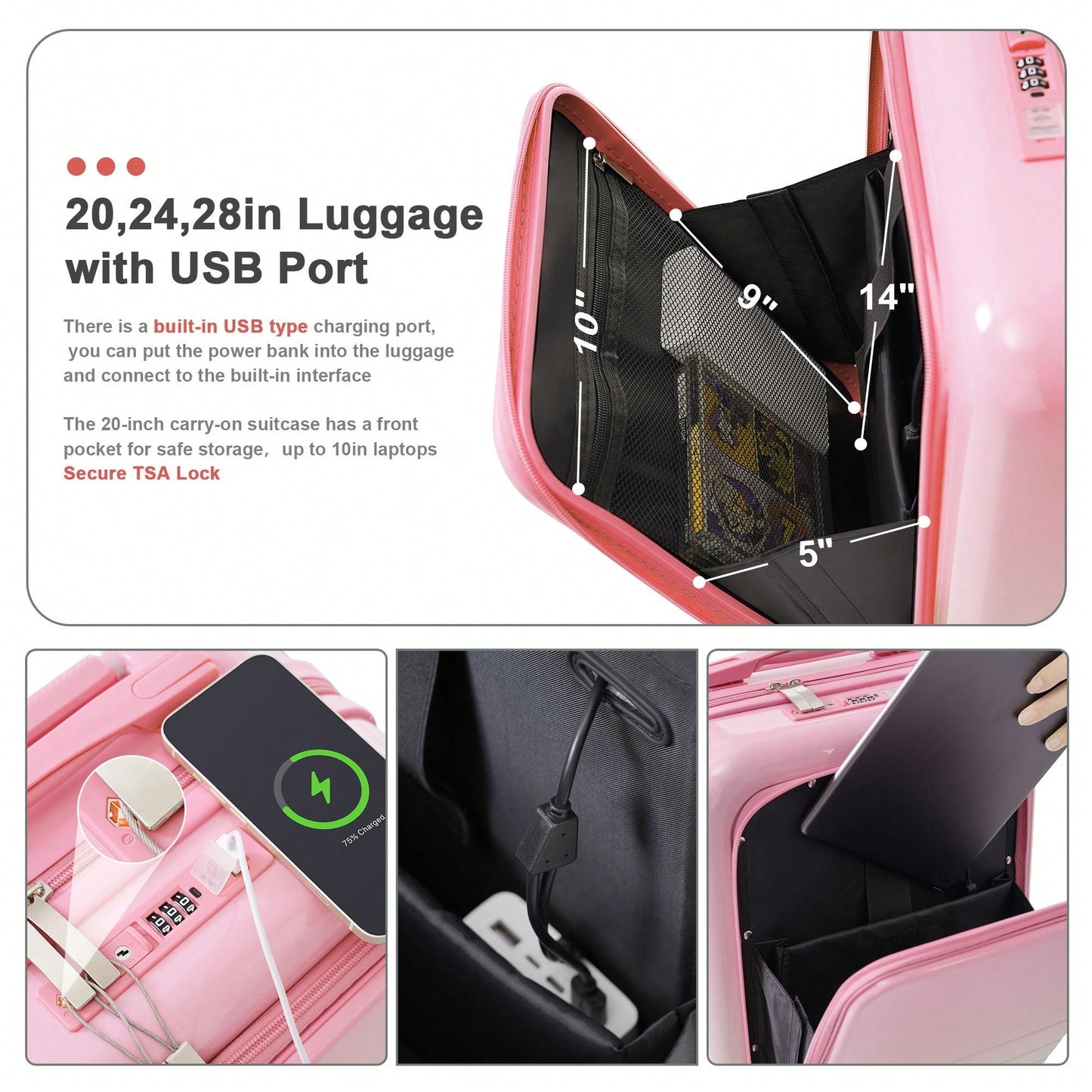 3-Piece Airline Approved Luggage Set with USB Port, Front Opening, Cup Holder, Durable ABS+PC Hard Shell, Spinner Wheels, Starry Sky White