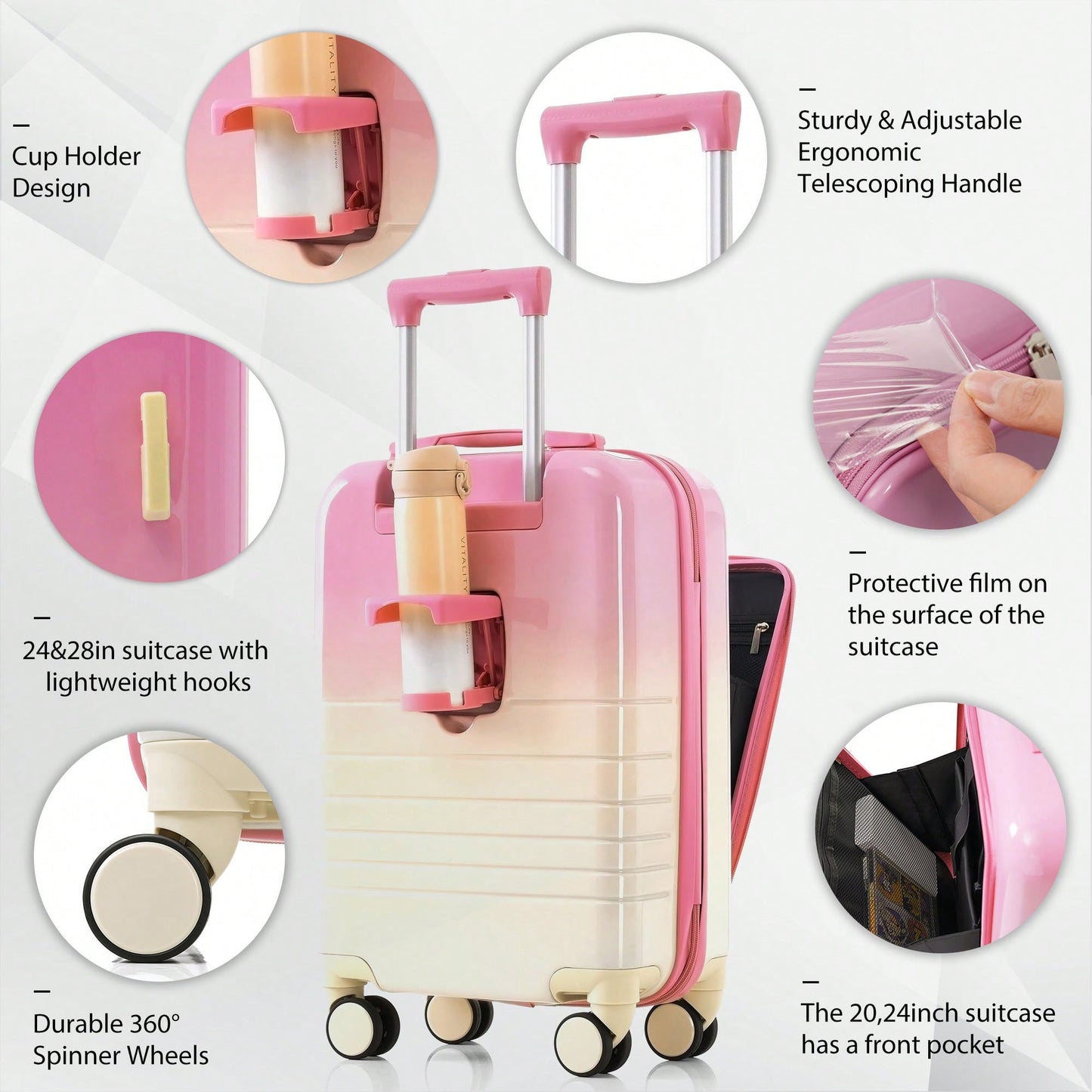 3-Piece Airline Approved Luggage Set with USB Port, Front Opening, Cup Holder, Durable ABS+PC Hard Shell, Spinner Wheels, Starry Sky White