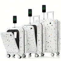 3-Piece Airline Approved Luggage Set with USB Port, Front Opening, Cup Holder, Durable ABS+PC Hard Shell, Spinner Wheels, Starry Sky White