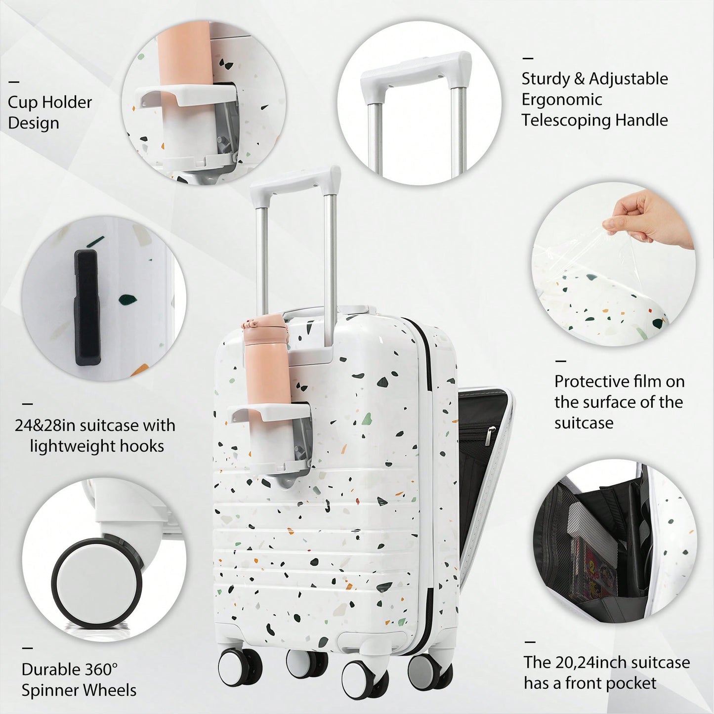 3-Piece Airline Approved Luggage Set with USB Port, Front Opening, Cup Holder, Durable ABS+PC Hard Shell, Spinner Wheels, Starry Sky White