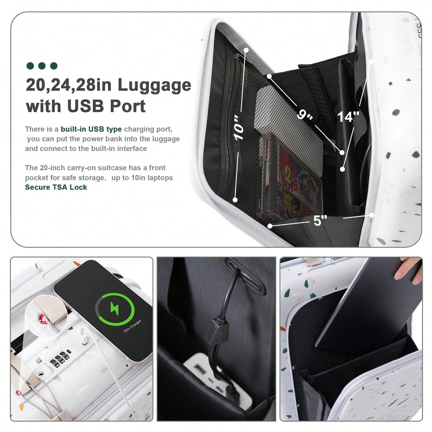 3-Piece Airline Approved Luggage Set with USB Port, Front Opening, Cup Holder, Durable ABS+PC Hard Shell, Spinner Wheels, Starry Sky White