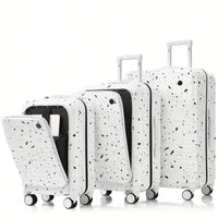 3-Piece Airline Approved Luggage Set with USB Port, Front Opening, Cup Holder, Durable ABS+PC Hard Shell, Spinner Wheels, Starry Sky White