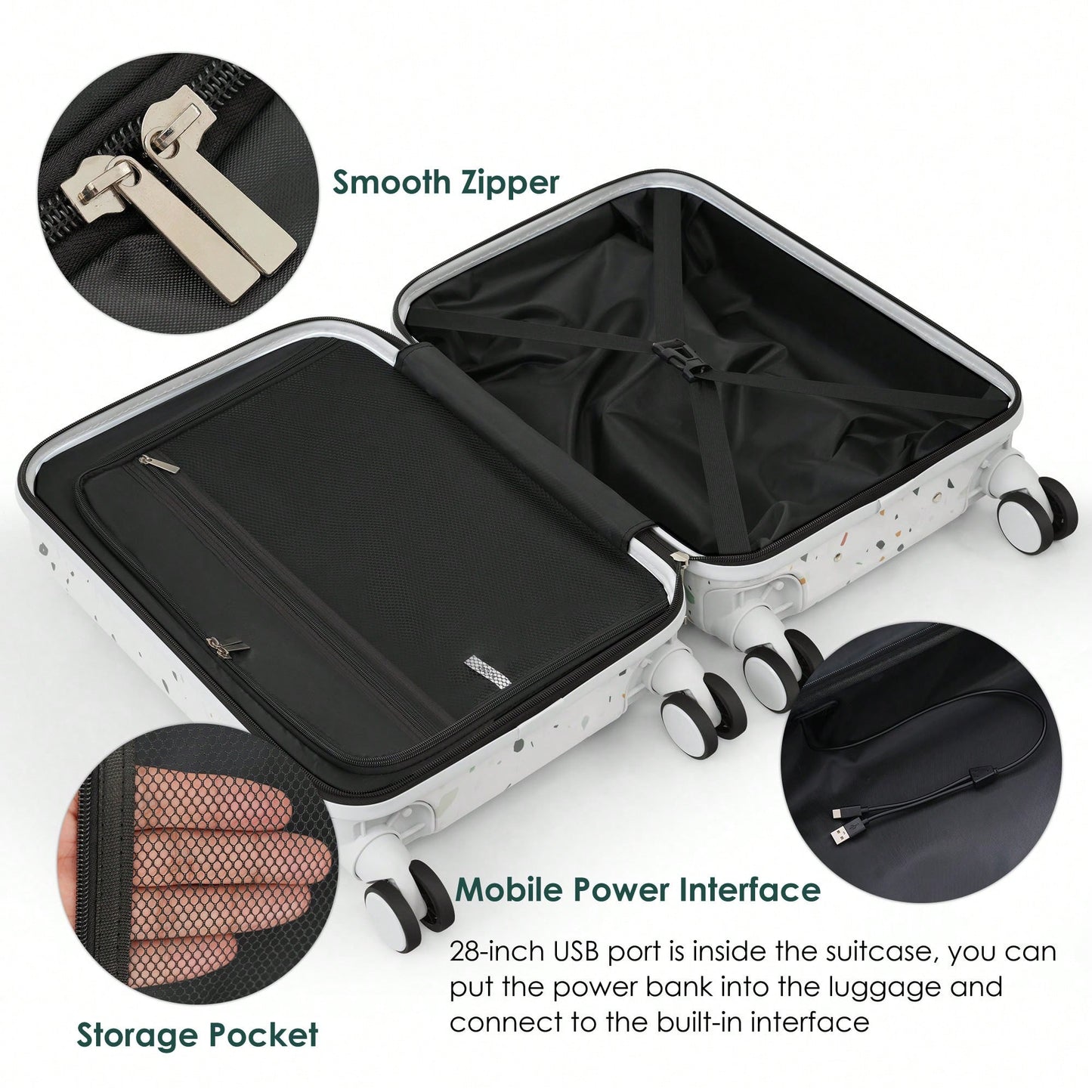 3-Piece Airline Approved Luggage Set with USB Port, Front Opening, Cup Holder, Durable ABS+PC Hard Shell, Spinner Wheels, Starry Sky White