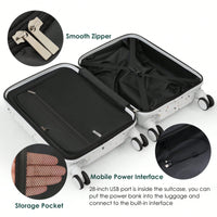 3-Piece Airline Approved Luggage Set with USB Port, Front Opening, Cup Holder, Durable ABS+PC Hard Shell, Spinner Wheels, Starry Sky White