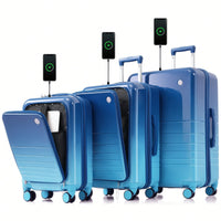 3-Piece Airline Approved Luggage Set with USB Port, Front Opening, Cup Holder, Durable ABS+PC Hard Shell, Spinner Wheels, Starry Sky White
