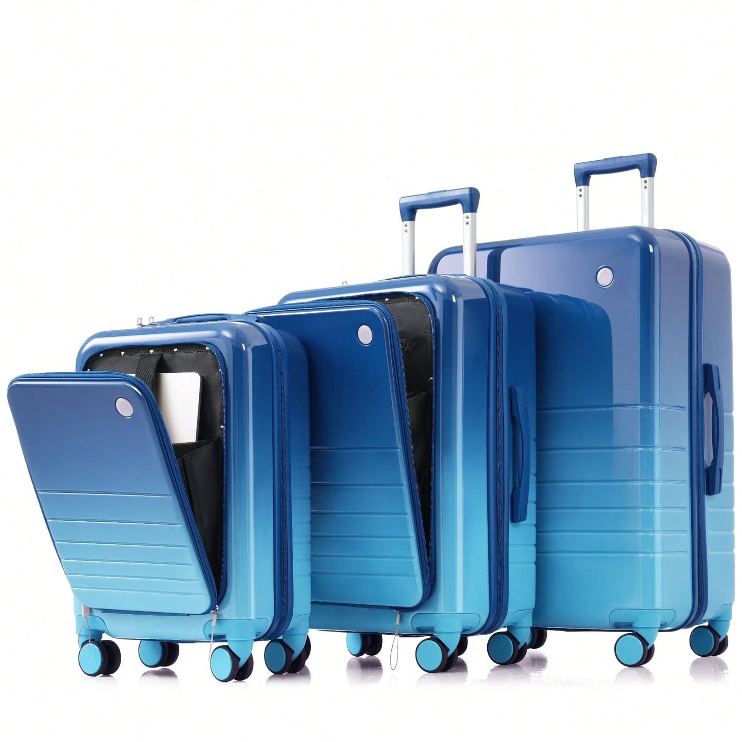 3-Piece Airline Approved Luggage Set with USB Port, Front Opening, Cup Holder, Durable ABS+PC Hard Shell, Spinner Wheels, Starry Sky White