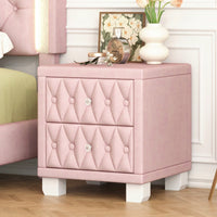 Elegant Velvet Nightstand With 2 Drawers And Crystal Handle Stylish Beige Bedside Table With Button-Tufted Design