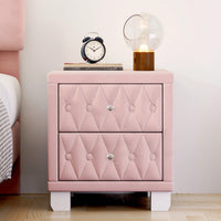 Elegant Velvet Nightstand With 2 Drawers And Crystal Handle Stylish Beige Bedside Table With Button-Tufted Design