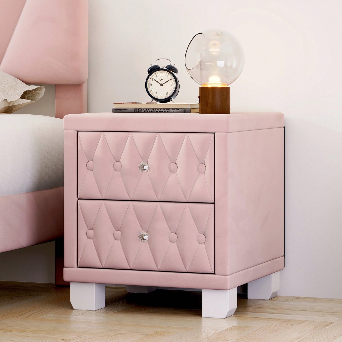 Elegant Velvet Nightstand With 2 Drawers And Crystal Handle Stylish Beige Bedside Table With Button-Tufted Design