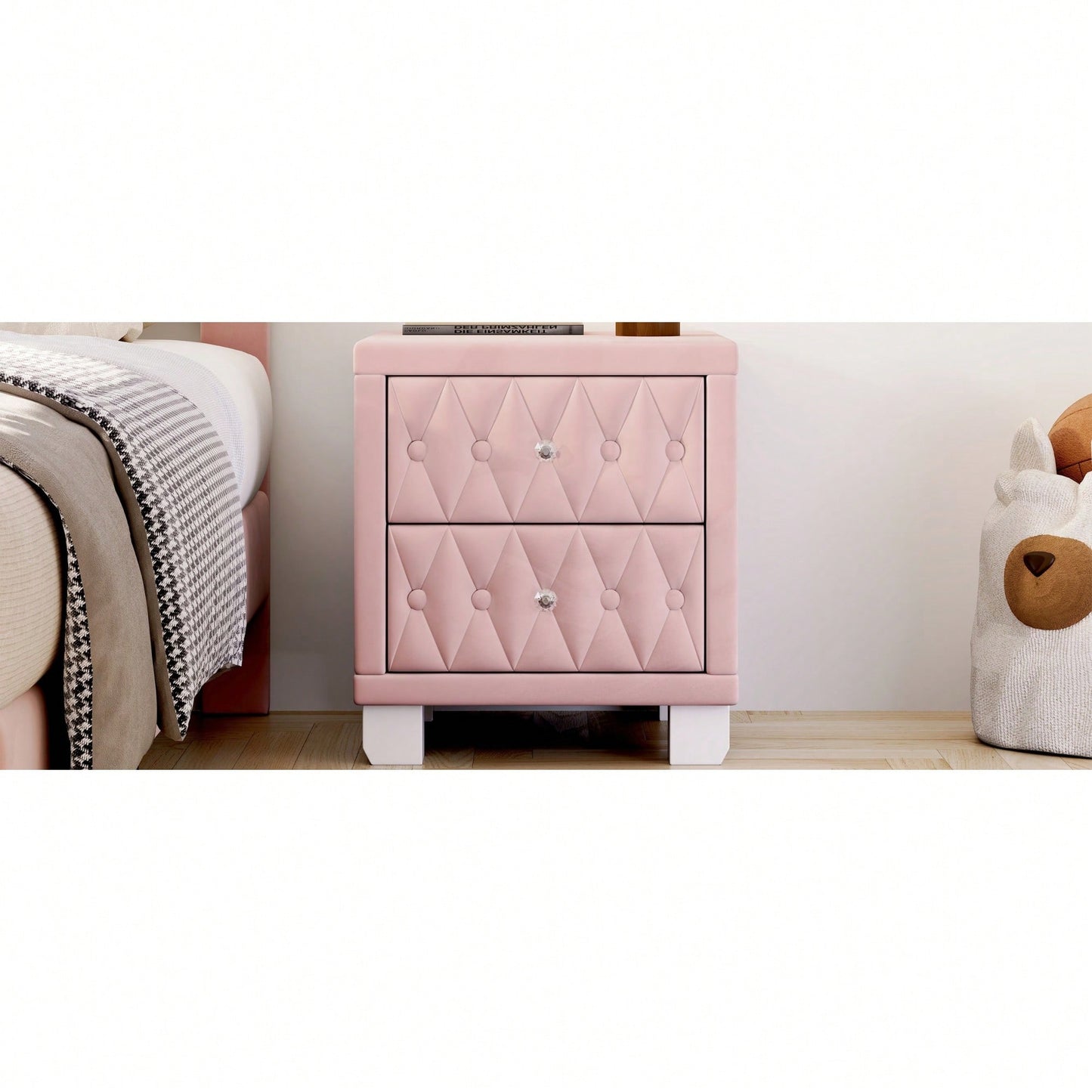 Elegant Velvet Nightstand With 2 Drawers And Crystal Handle Stylish Beige Bedside Table With Button-Tufted Design