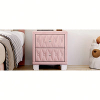 Elegant Velvet Nightstand With 2 Drawers And Crystal Handle Stylish Beige Bedside Table With Button-Tufted Design