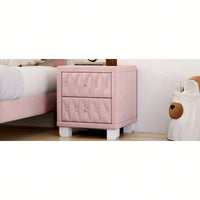 Elegant Velvet Nightstand With 2 Drawers And Crystal Handle Stylish Beige Bedside Table With Button-Tufted Design