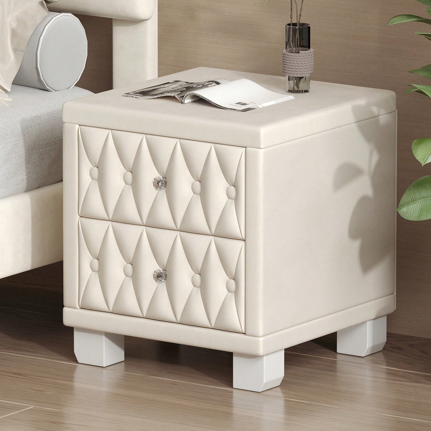 Elegant Velvet Nightstand With 2 Drawers And Crystal Handle Stylish Beige Bedside Table With Button-Tufted Design