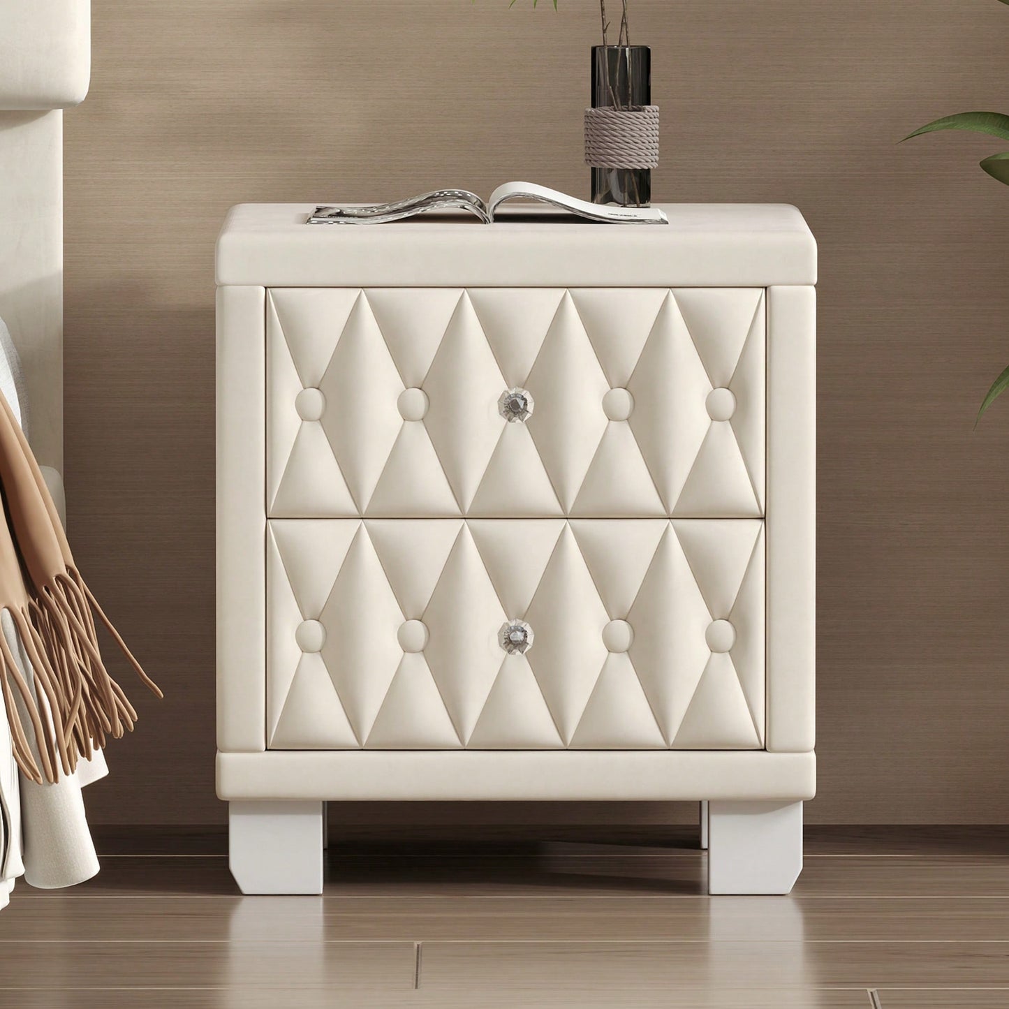 Elegant Velvet Nightstand With 2 Drawers And Crystal Handle Stylish Beige Bedside Table With Button-Tufted Design