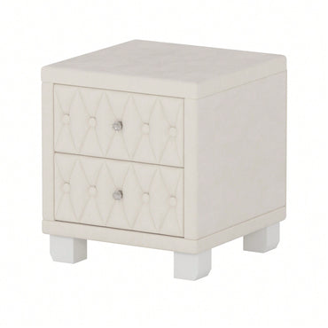 Elegant Velvet Nightstand With 2 Drawers And Crystal Handle Stylish Beige Bedside Table With Button-Tufted Design