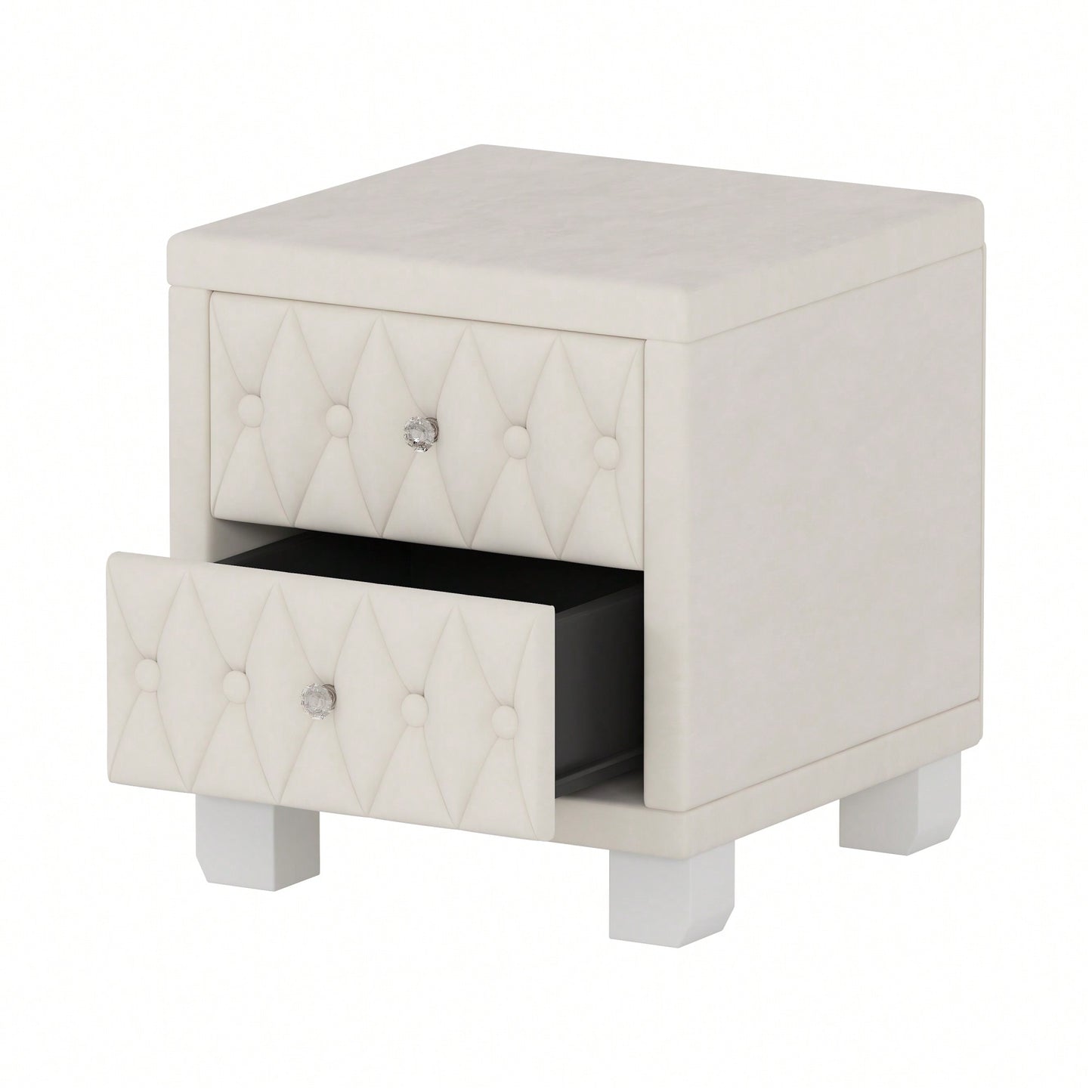 Elegant Velvet Nightstand With 2 Drawers And Crystal Handle Stylish Beige Bedside Table With Button-Tufted Design