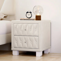 Elegant Velvet Nightstand With 2 Drawers And Crystal Handle Stylish Beige Bedside Table With Button-Tufted Design