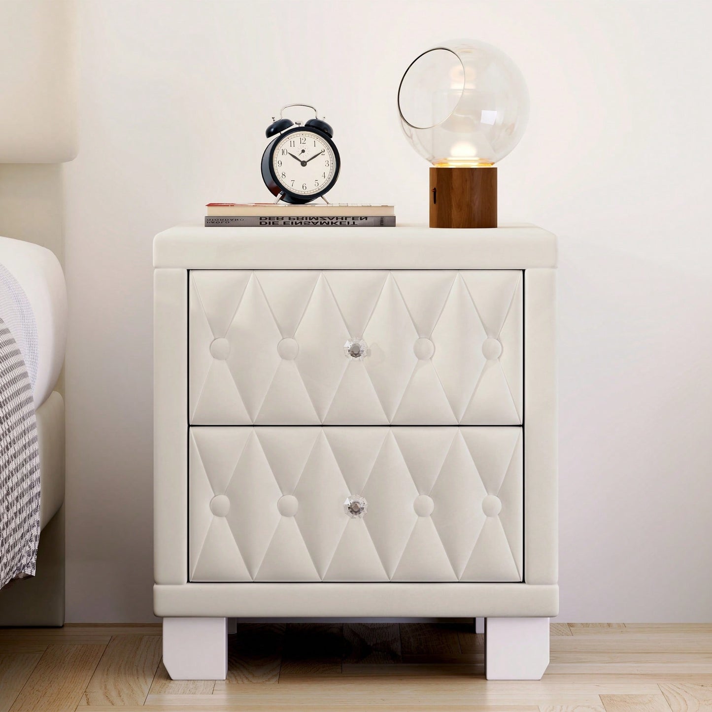 Elegant Velvet Nightstand With 2 Drawers And Crystal Handle Stylish Beige Bedside Table With Button-Tufted Design