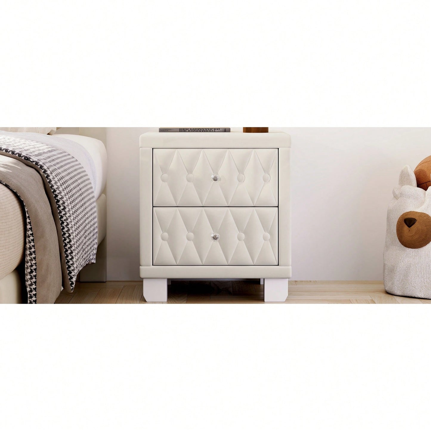 Elegant Velvet Nightstand With 2 Drawers And Crystal Handle Stylish Beige Bedside Table With Button-Tufted Design