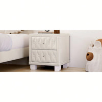 Elegant Velvet Nightstand With 2 Drawers And Crystal Handle Stylish Beige Bedside Table With Button-Tufted Design