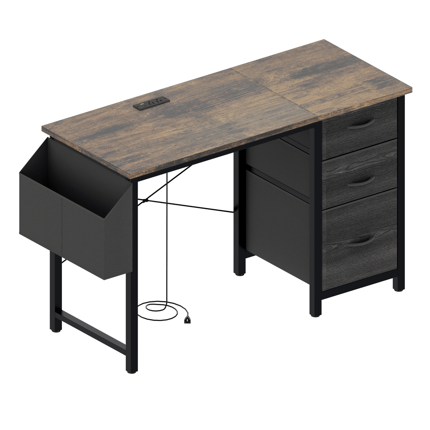 Office Desk With Power Outlet, 3 Drawers, Side Pocket, Easy Assembly, Reversible Frame For Home Office And Study Rustic Brown