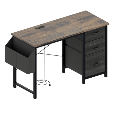 Office Desk With Power Outlet, 3 Drawers, Side Pocket, Easy Assembly, Reversible Frame For Home Office And Study Rustic Brown