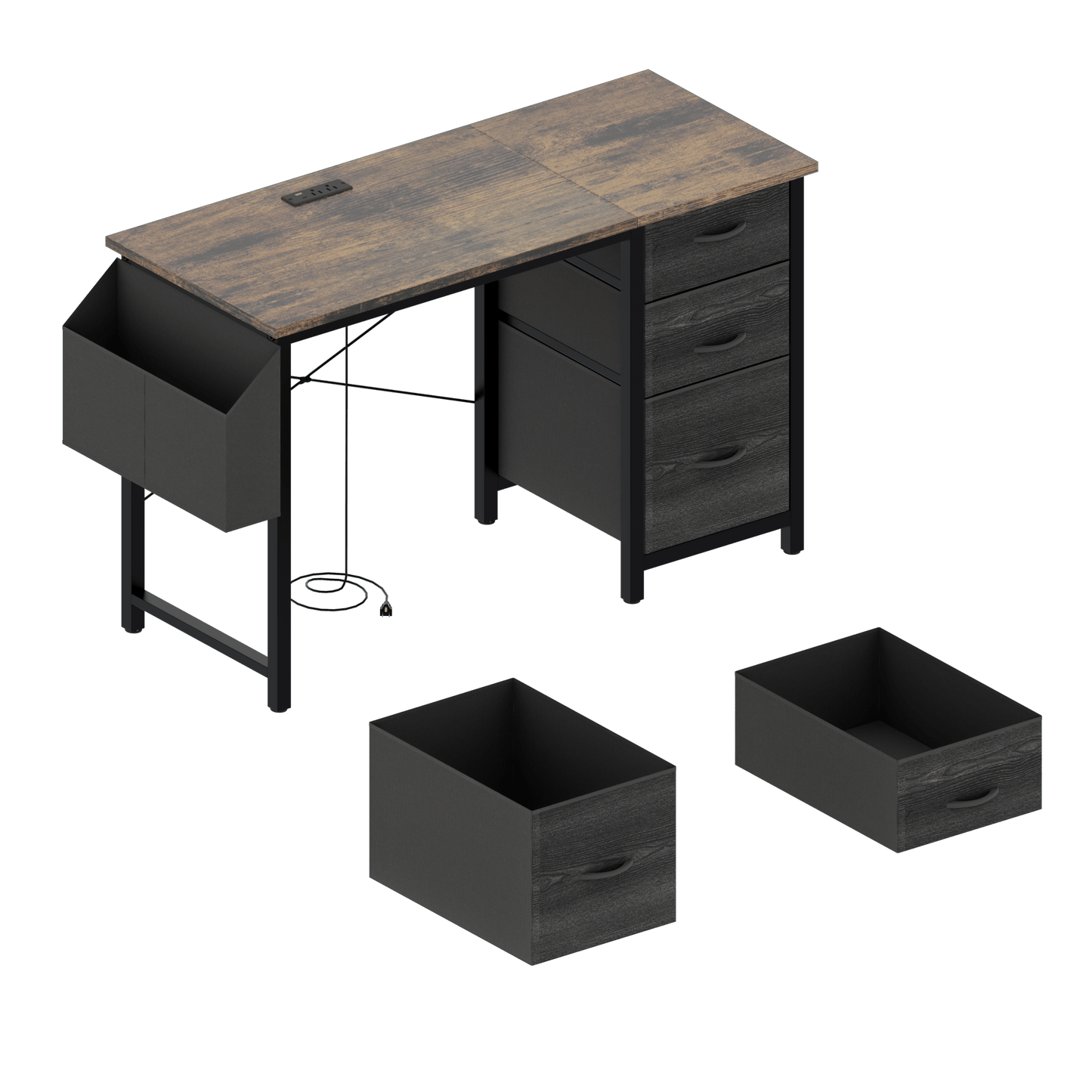 Office Desk With Power Outlet, 3 Drawers, Side Pocket, Easy Assembly, Reversible Frame For Home Office And Study Rustic Brown