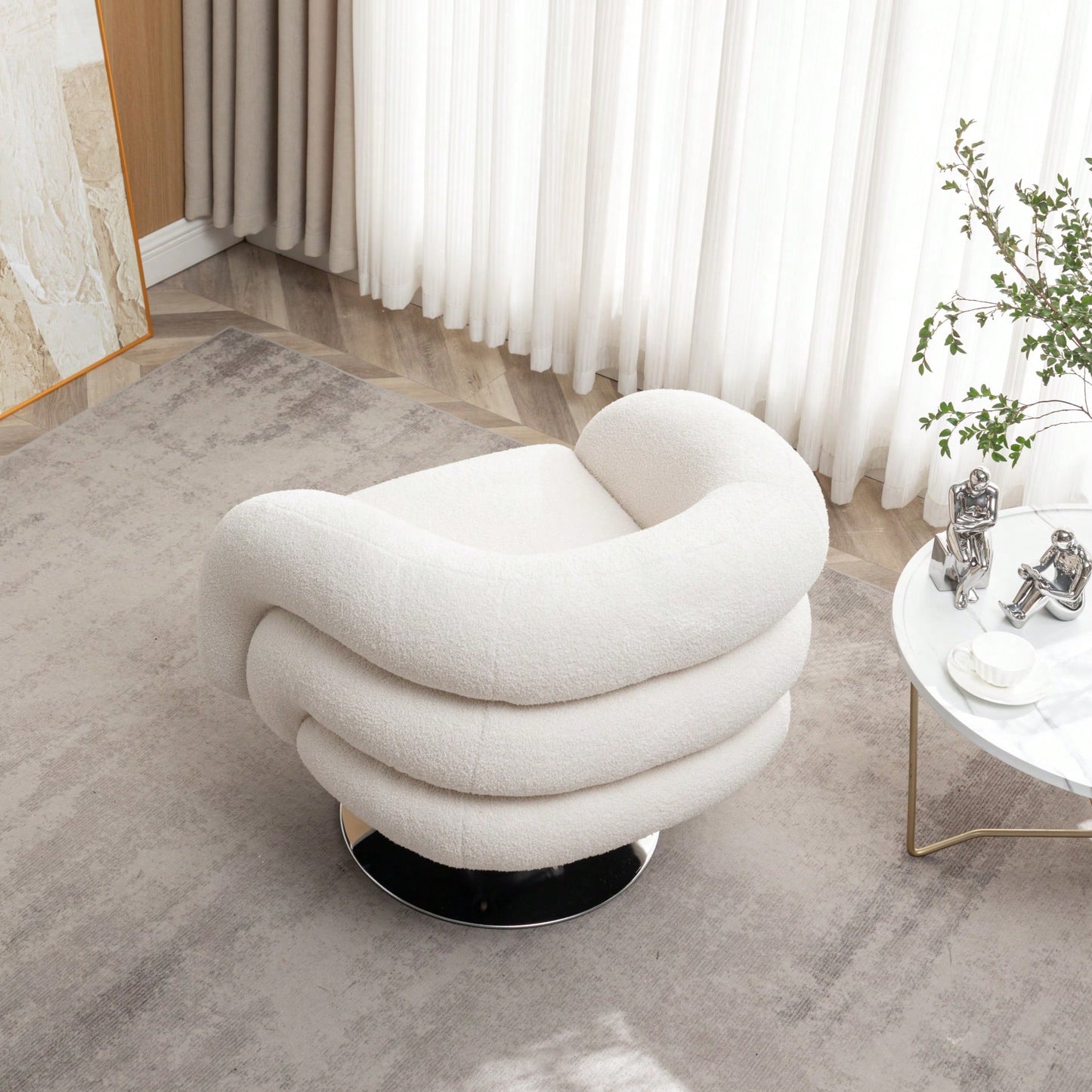 Fluffy White Swivel Sofa Chair For Living Room And Bedroom Cozy Teddy Upholstered Reading Chair