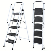 5 Step Folding Steel Ladder Stool With Anti-Slip Wide Pedals And Safety Handle Lightweight 300 Pound Capacity White