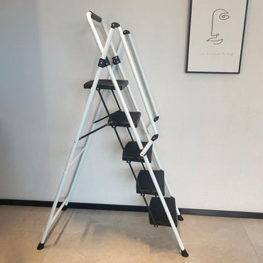 5 Step Folding Steel Ladder Stool With Anti-Slip Wide Pedals And Safety Handle Lightweight 300 Pound Capacity White